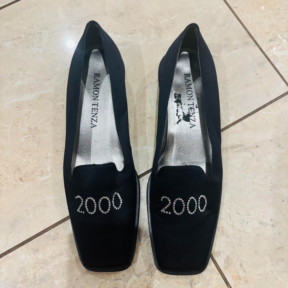 Vintage 90s Y2K Ramon Tenza Black Satin Square Toe Ballet Flats Crystals Size 8